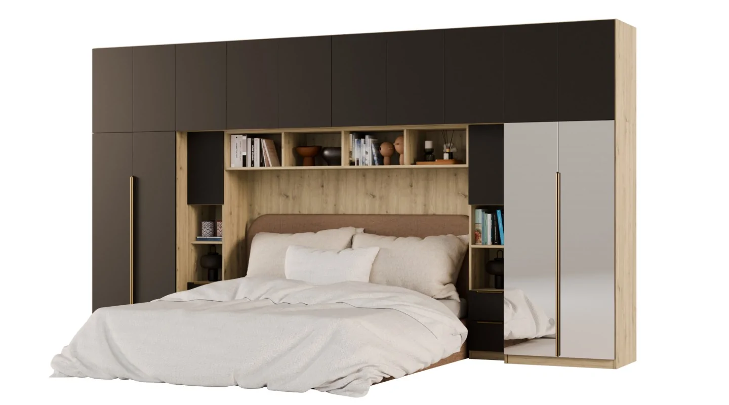 Zabudowa do sypialni 404x240 cm Dąb Artisan / Czarny Onyx z 2 lustrami – MAJA | eMeblast