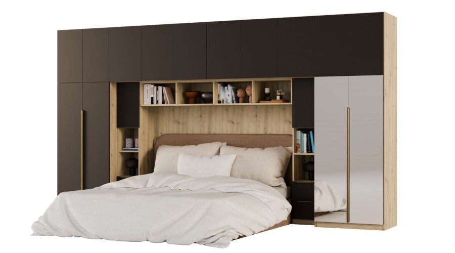 Zabudowa do sypialni 404x240 cm Dąb Artisan / Czarny Onyx z 2 lustrami – MAJA | eMeblast