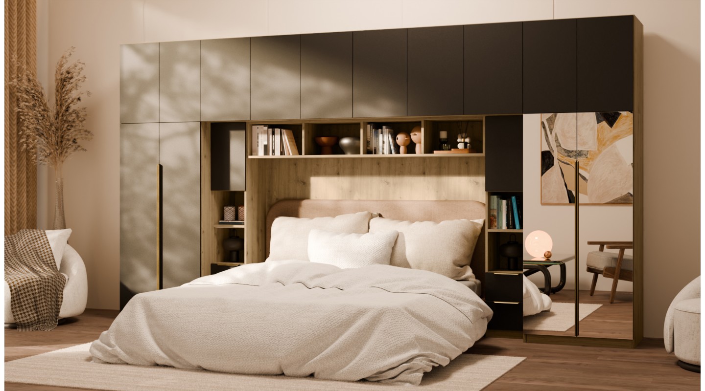 Zabudowa do sypialni 404x240 cm Dąb Artisan / Czarny Onyx z 2 lustrami – MAJA | eMeblast