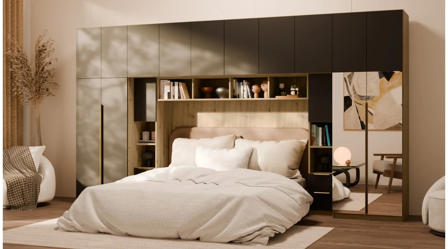 Zabudowa do sypialni 404x240 cm Dąb Artisan / Czarny Onyx z 2 lustrami – MAJA | eMeblast