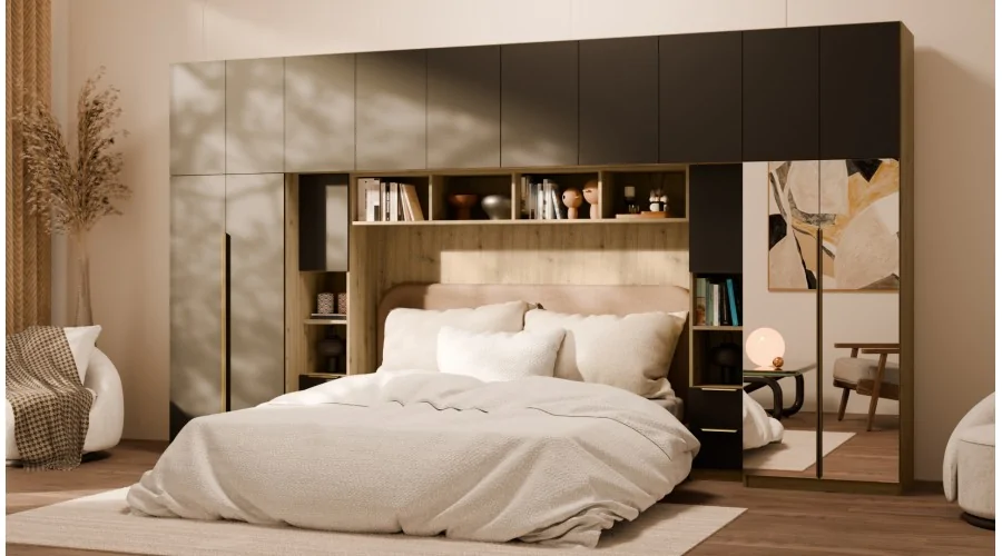 Zabudowa do sypialni 404x240 cm Dąb Artisan / Czarny Onyx z 2 lustrami – MAJA | eMeblast