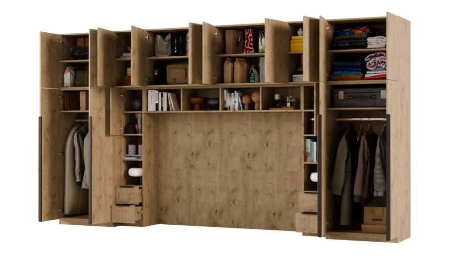 Zabudowa do sypialni 404x240 cm Dąb Lancelot z 2 lustrami – MAJA | eMeblast