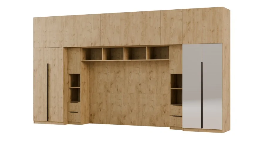Zabudowa do sypialni 404x240 cm Dąb Lancelot z 2 lustrami – MAJA | eMeblast