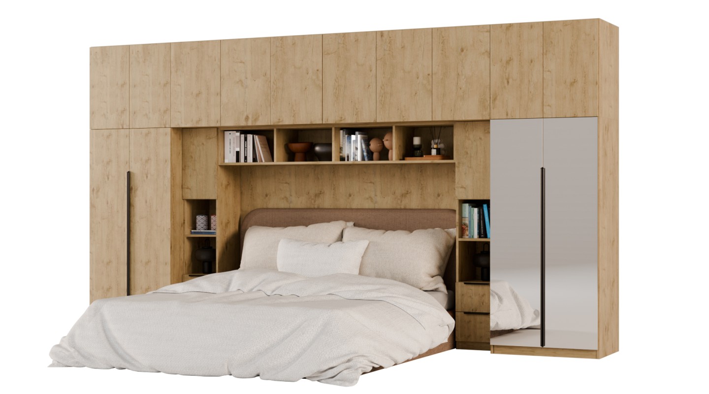 Zabudowa do sypialni 404x240 cm Dąb Lancelot z 2 lustrami – MAJA | eMeblast