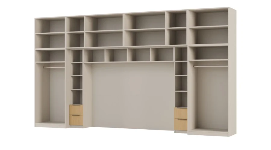 Zabudowa sypialni 394x225 cm dąb Wotan piasek pustyni 2 lustra Tip-On – Jula | eMeblast