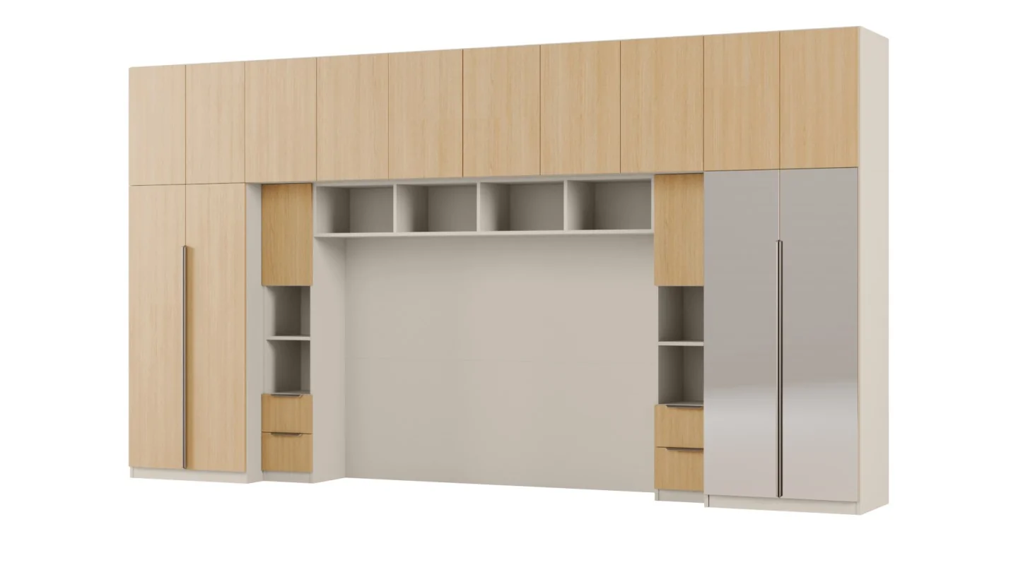 Zabudowa sypialni 394x225 cm dąb Wotan piasek pustyni 2 lustra Tip-On – Jula | eMeblast