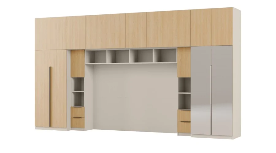 Zabudowa sypialni 394x225 cm dąb Wotan piasek pustyni 2 lustra Tip-On – Jula | eMeblast