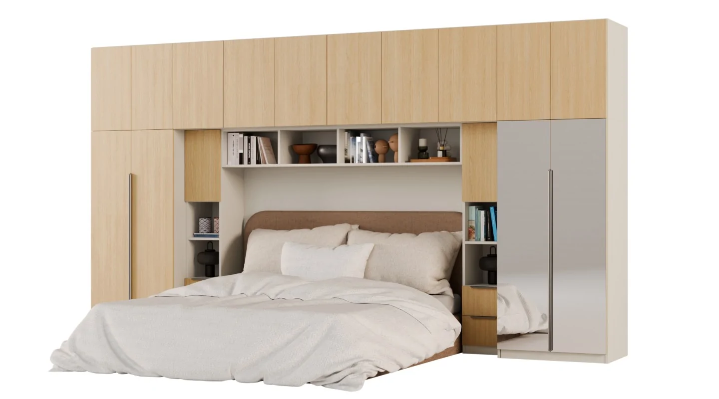 Zabudowa sypialni 394x225 cm dąb Wotan piasek pustyni 2 lustra Tip-On – Jula | eMeblast