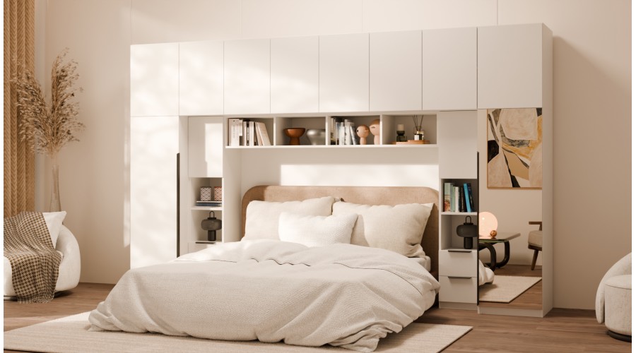 Zabudowa do sypialni 364x225 cm Biel Kredowa z 1 lustrem – SARA | eMeblast