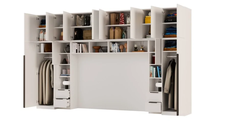 Zabudowa do sypialni 364x225 cm Biel Kredowa z 2 lustrami – SARA | eMeblast