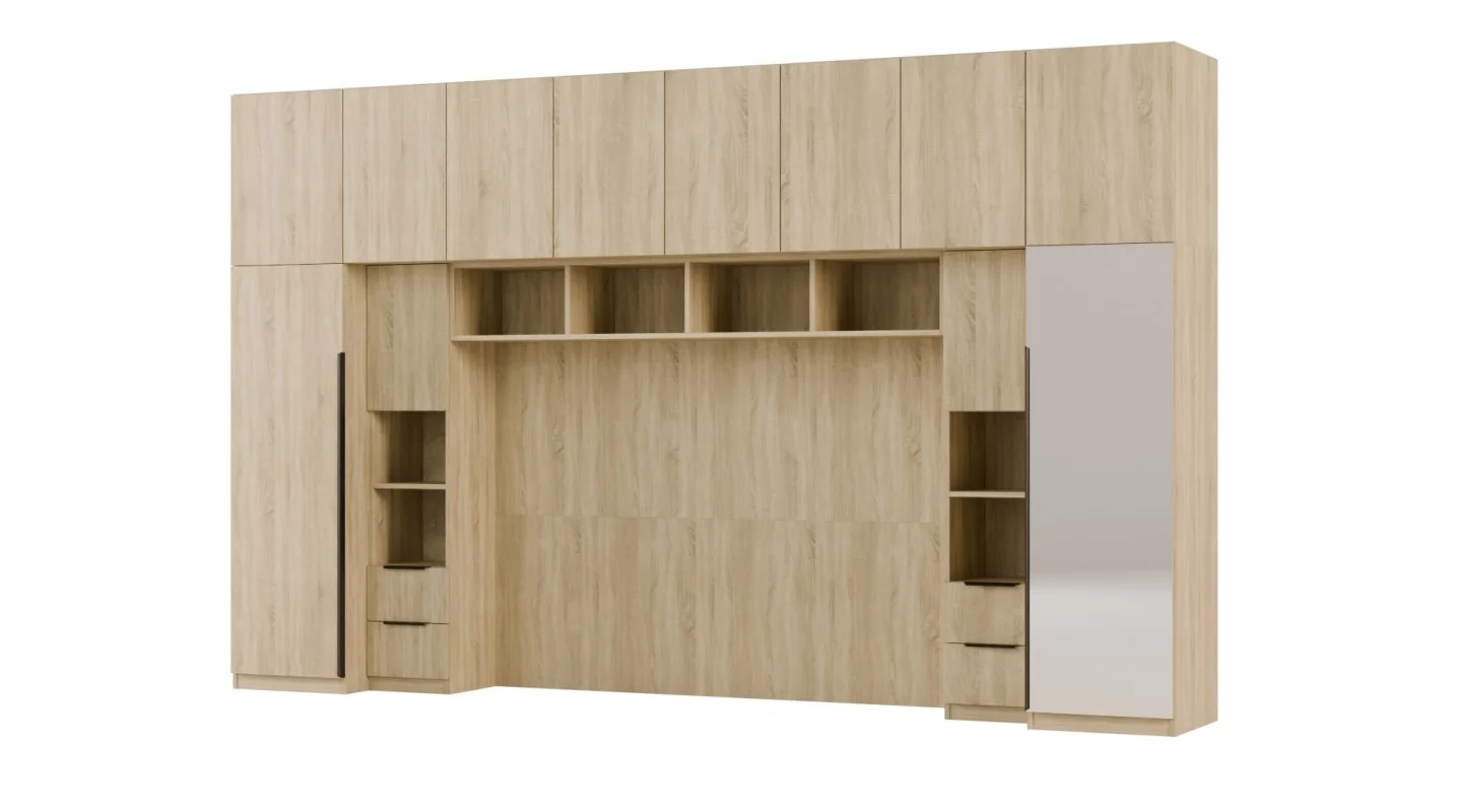 Zabudowa do sypialni 364x225 cm Sonoma Jasna z 1 lustrem – SARA | eMeblast