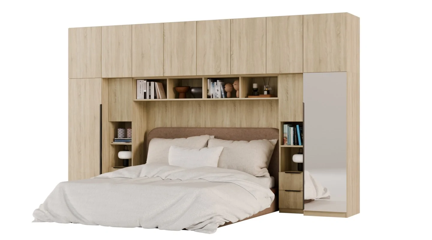 Zabudowa do sypialni 364x225 cm Sonoma Jasna z 1 lustrem – SARA | eMeblast