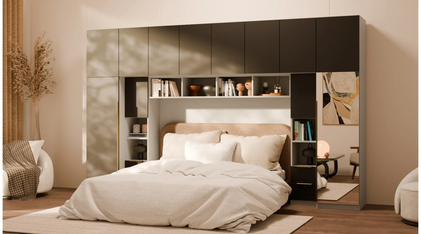 Zabudowa do sypialni 364x225 cm Kaszmirowy Beż / Czarny Onyx z 1 lustrem – SARA | eMeblast