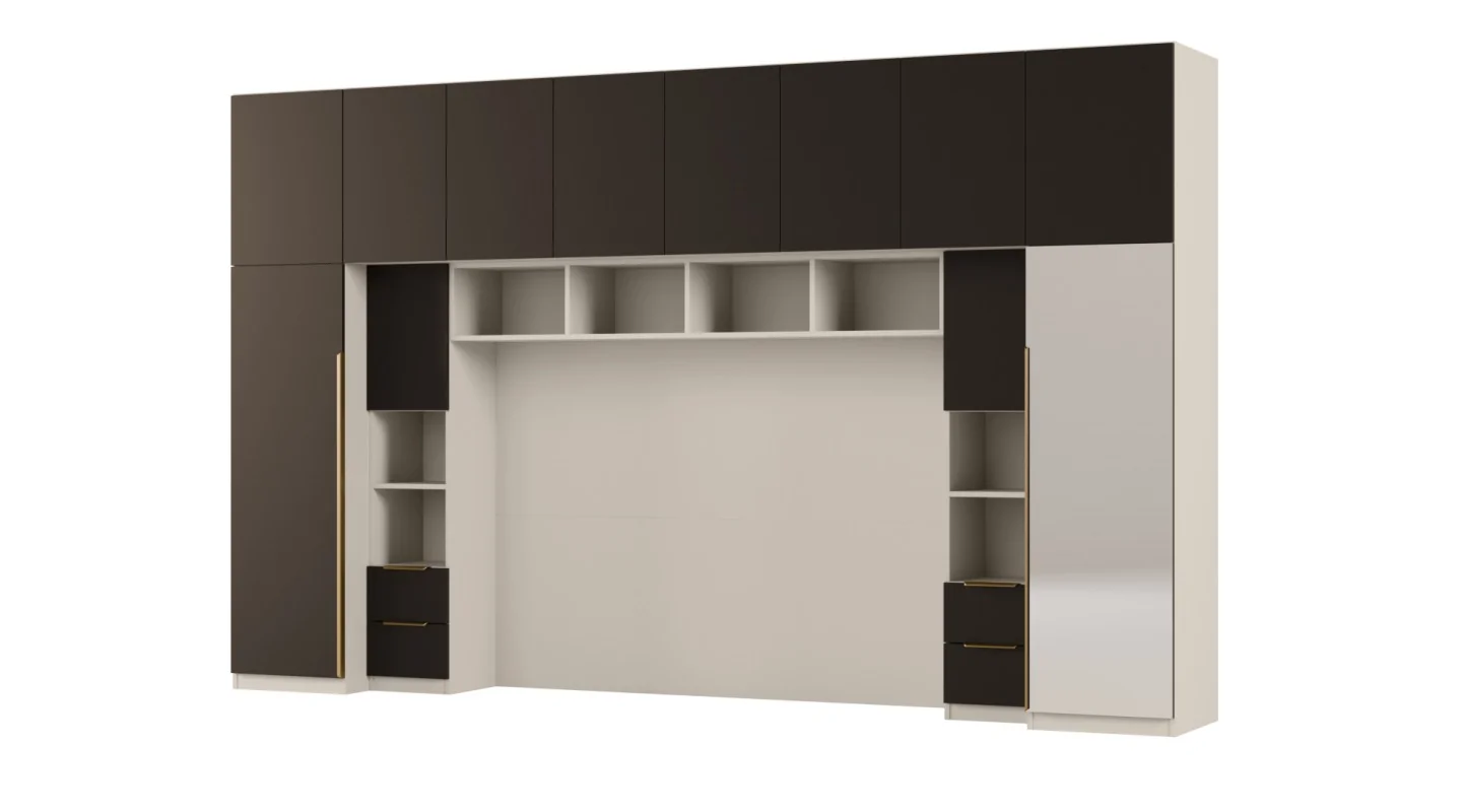 Zabudowa do sypialni 364x225 cm Kaszmirowy Beż / Czarny Onyx z 1 lustrem – SARA | eMeblast