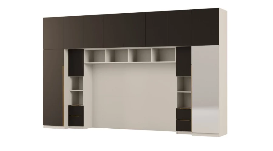 Zabudowa do sypialni 364x225 cm Kaszmirowy Beż / Czarny Onyx z 1 lustrem – SARA | eMeblast