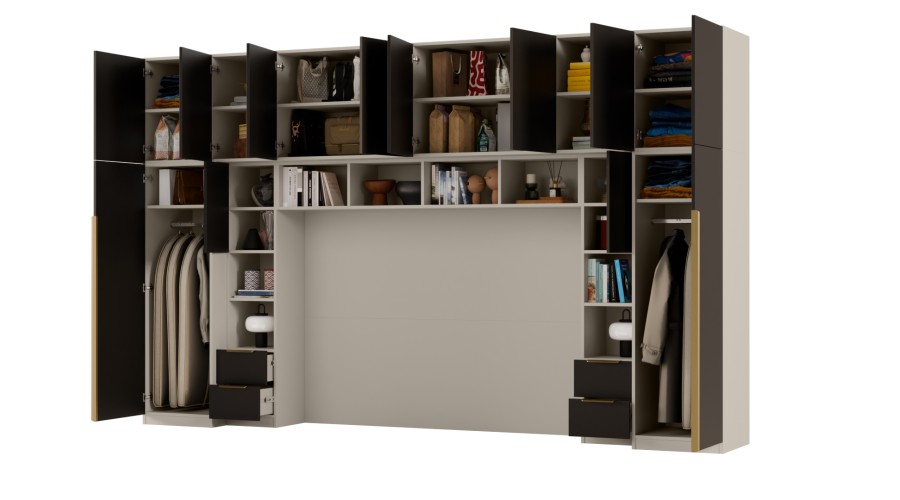 Zabudowa do sypialni 364x225 cm Kaszmirowy Beż / Czarny Onyx z 2 lustrami – SARA | eMeblast