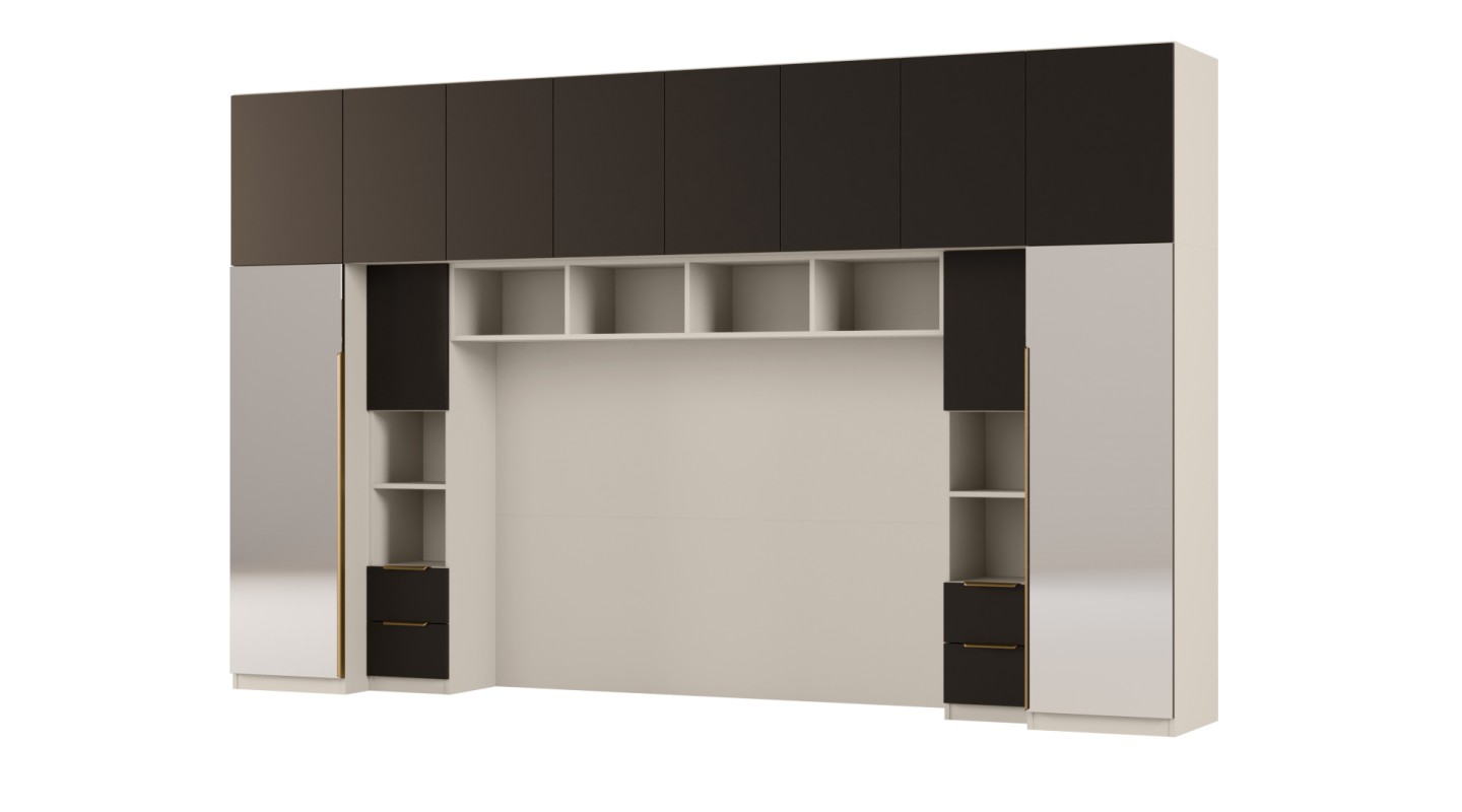 Zabudowa do sypialni 364x225 cm Kaszmirowy Beż / Czarny Onyx z 2 lustrami – SARA | eMeblast