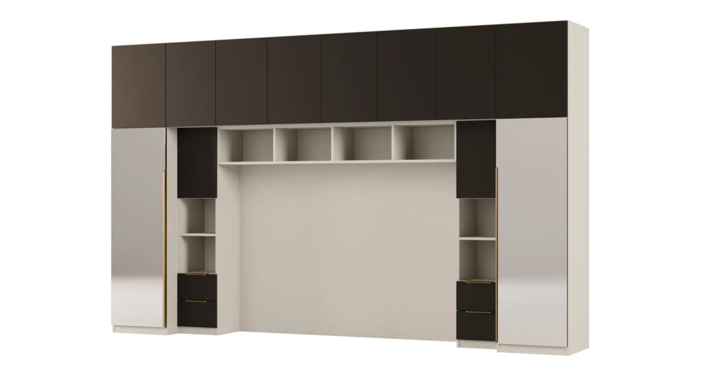 Zabudowa do sypialni 364x225 cm Kaszmirowy Beż / Czarny Onyx z 2 lustrami – SARA | eMeblast
