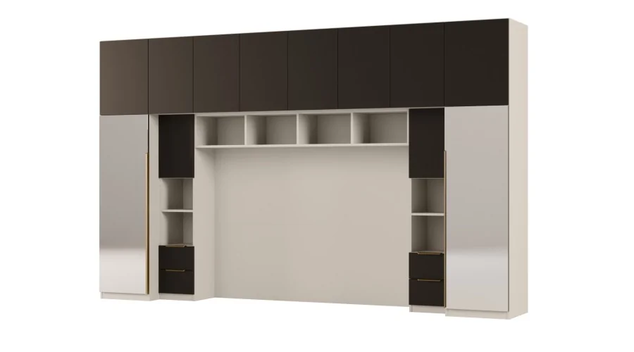 Zabudowa do sypialni 364x225 cm Kaszmirowy Beż / Czarny Onyx z 2 lustrami – SARA | eMeblast