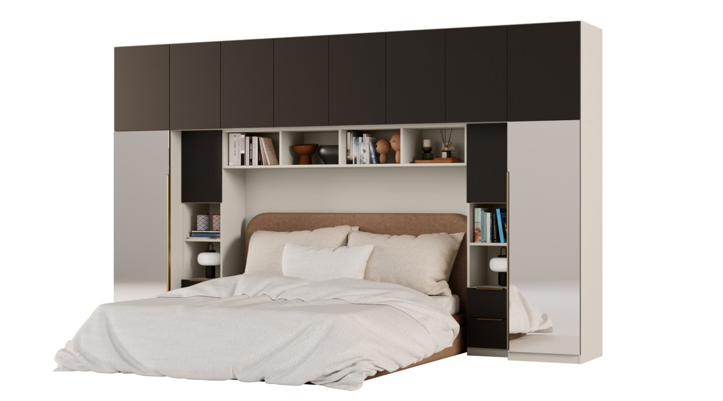 Zabudowa do sypialni 364x225 cm Kaszmirowy Beż / Czarny Onyx z 2 lustrami – SARA | eMeblast