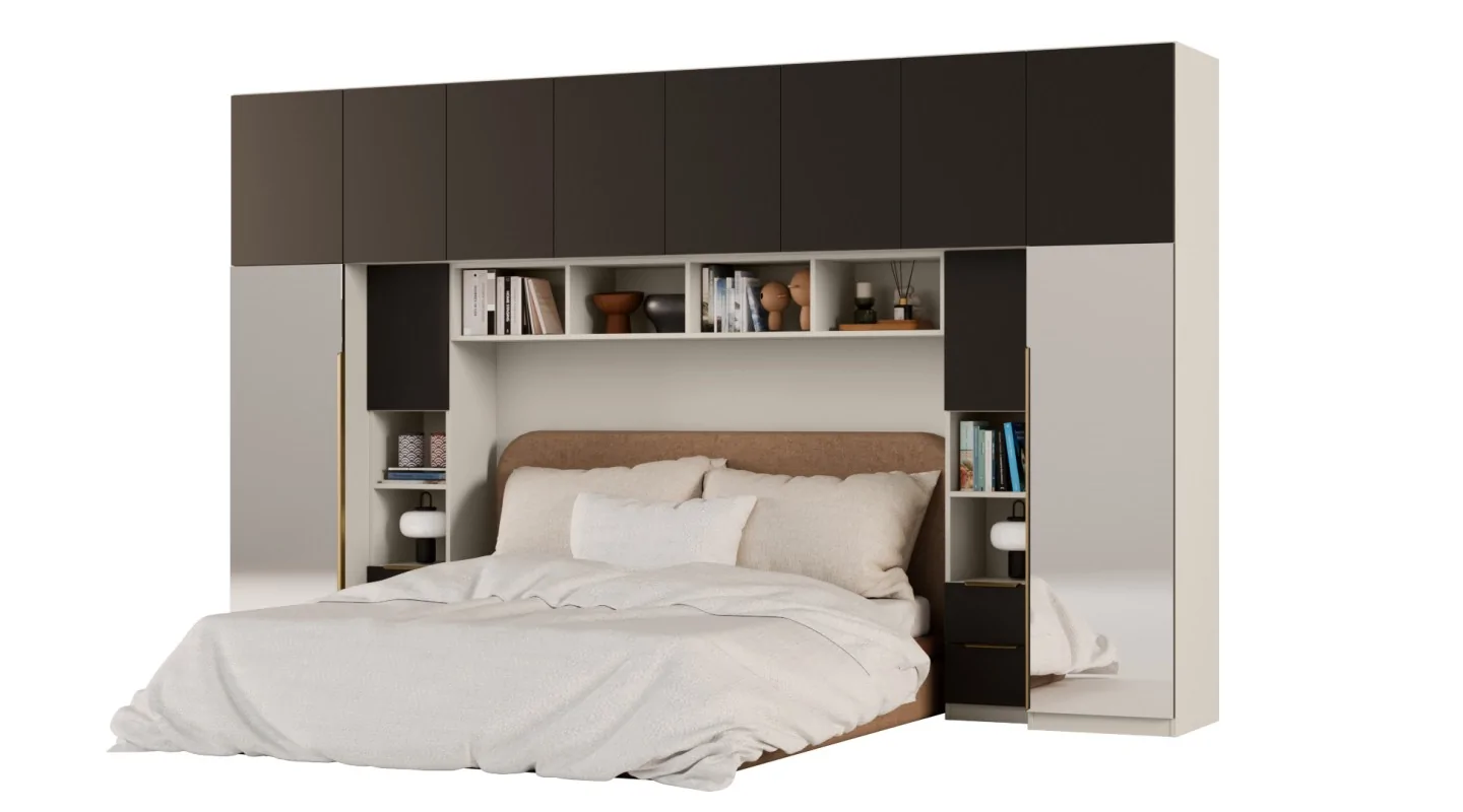Zabudowa do sypialni 364x225 cm Kaszmirowy Beż / Czarny Onyx z 2 lustrami – SARA | eMeblast