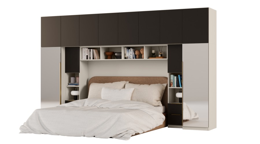 Zabudowa do sypialni 364x225 cm Kaszmirowy Beż / Czarny Onyx z 2 lustrami – SARA | eMeblast