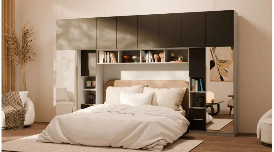 Zabudowa do sypialni 364x225 cm Kaszmirowy Beż / Czarny Onyx z 2 lustrami – SARA | eMeblast