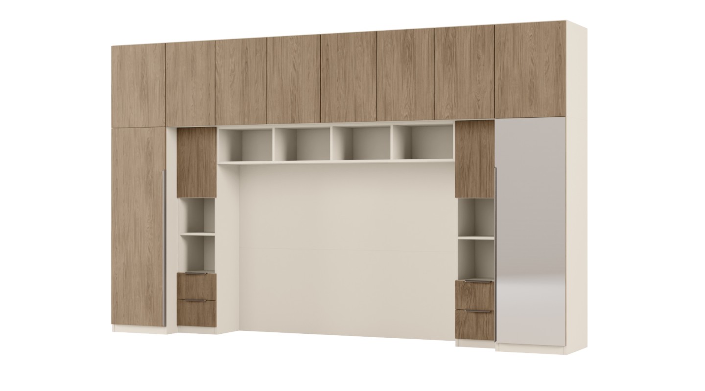 Zabudowa do sypialni 364x225 cm Piasek Pustyni / Dąb Casella Brązowy z 1 lustrem – SARA | eMeblast Zabudowa do sypialni 364x225 cm Piasek Pustyni / Dąb Casella Brązowy z 1 lustrem – SARA | eMeblast