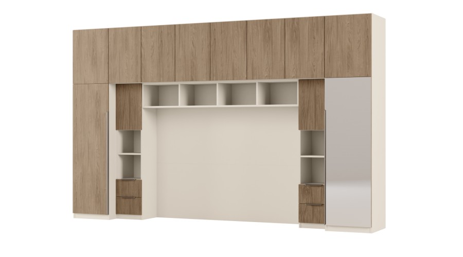 Zabudowa do sypialni 364x225 cm Piasek Pustyni / Dąb Casella Brązowy z 1 lustrem – SARA | eMeblast Zabudowa do sypialni 364x225 cm Piasek Pustyni / Dąb Casella Brązowy z 1 lustrem – SARA | eMeblast