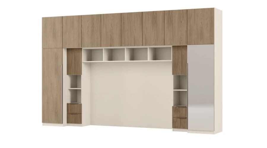 Zabudowa do sypialni 364x225 cm Piasek Pustyni / Dąb Casella Brązowy z 1 lustrem – SARA | eMeblast