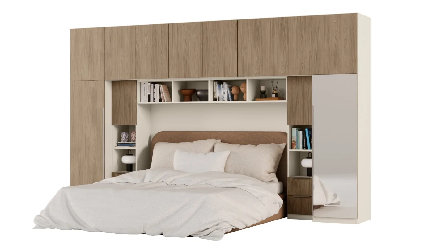 Zabudowa do sypialni 364x225 cm Piasek Pustyni / Dąb Casella Brązowy z 1 lustrem – SARA | eMeblast