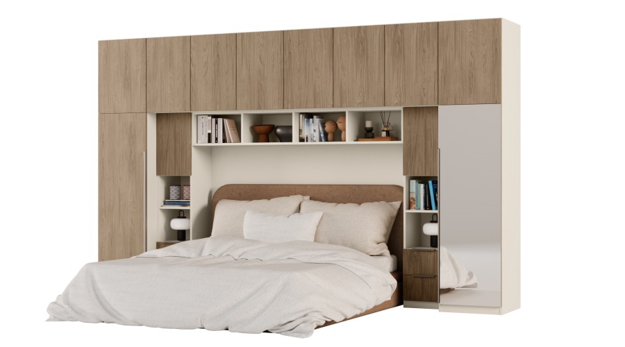 Zabudowa do sypialni 364x225 cm Piasek Pustyni / Dąb Casella Brązowy z 1 lustrem – SARA | eMeblast Zabudowa do sypialni 364x225 cm Piasek Pustyni / Dąb Casella Brązowy z 1 lustrem – SARA | eMeblast
