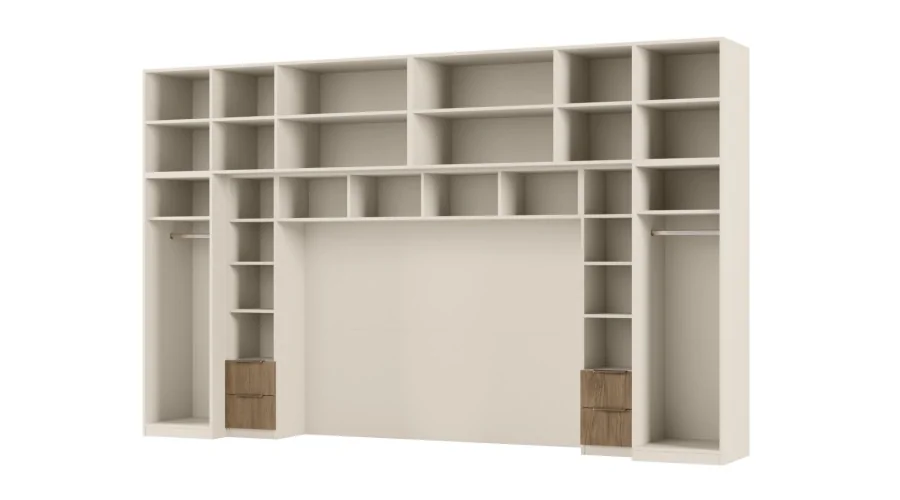 Zabudowa do sypialni 364x225 cm Piasek Pustyni / Dąb Casella Brązowy z 2 lustrami – SARA | eMeblast