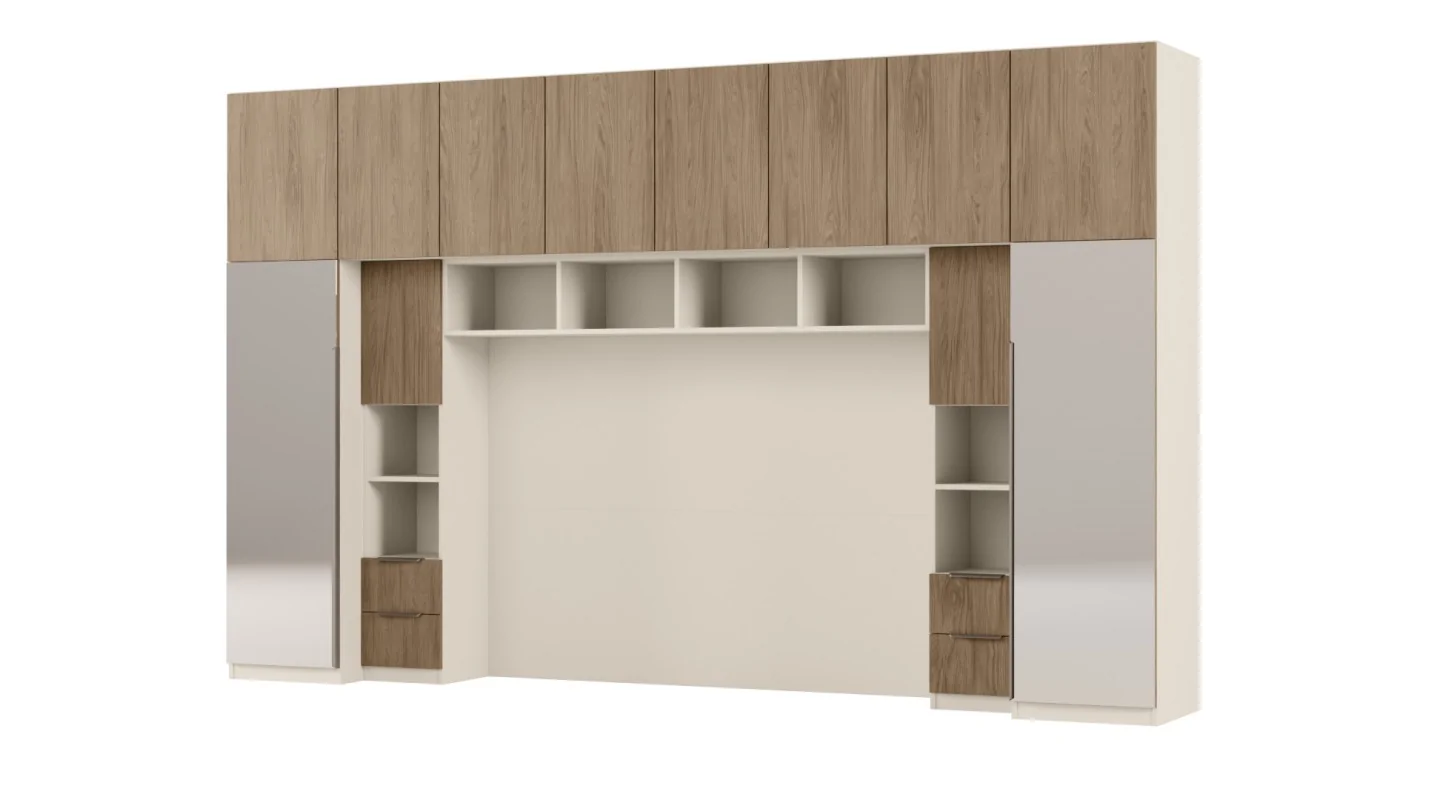 Zabudowa do sypialni 364x225 cm Piasek Pustyni / Dąb Casella Brązowy z 2 lustrami – SARA | eMeblast