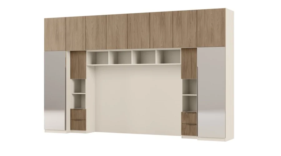 Zabudowa do sypialni 364x225 cm Piasek Pustyni / Dąb Casella Brązowy z 2 lustrami – SARA | eMeblast