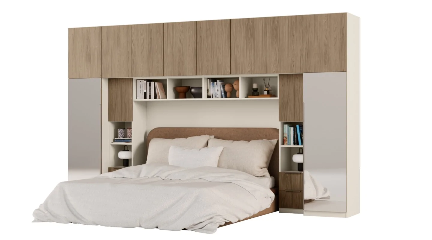 Zabudowa do sypialni 364x225 cm Piasek Pustyni / Dąb Casella Brązowy z 2 lustrami – SARA | eMeblast