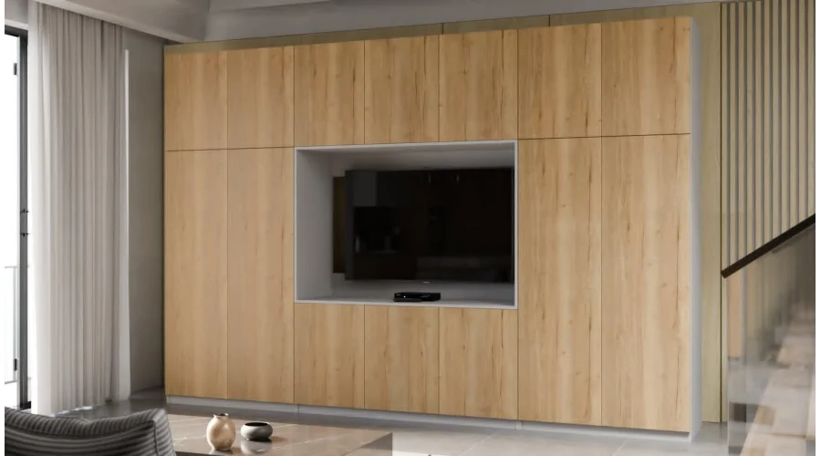 Minimalistyczna meblościanka z strefą RTV 350×240 cm Kaszmirowy Beż - HORIZON