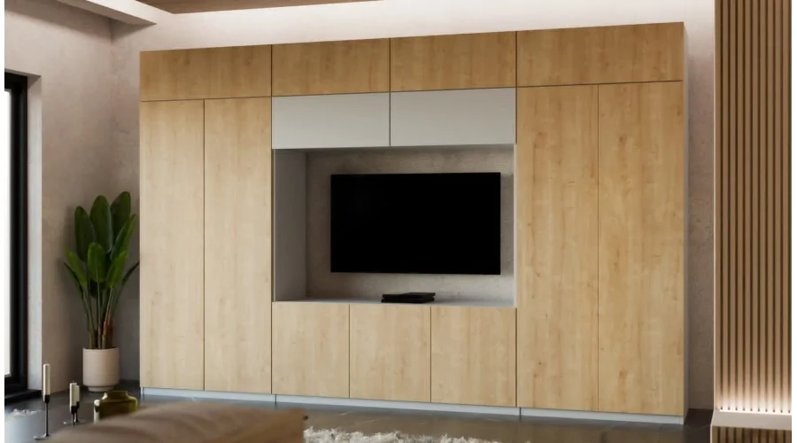 Przestronna meblościanka pod telewizor 365×240 cm Śnieżna Biel Szary New York - INFINITY