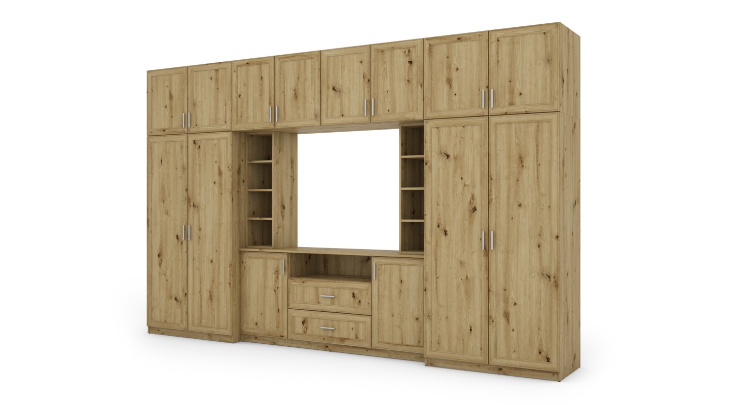 Elegancka meblościanka z szafami i półką RTV 380×240 cm Dąb Artisan – DAKO