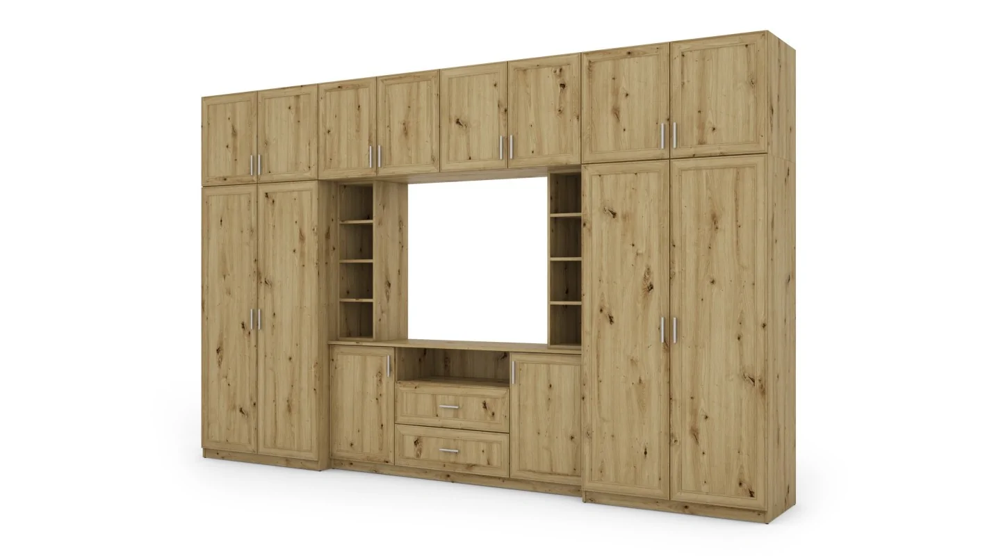 Elegancka meblościanka z szafami i półką RTV 380×240 cm Dąb Artisan – DAKO Elegancka meblościanka z szafami i półką RTV 380×240 cm Dąb Artisan – DAKO
