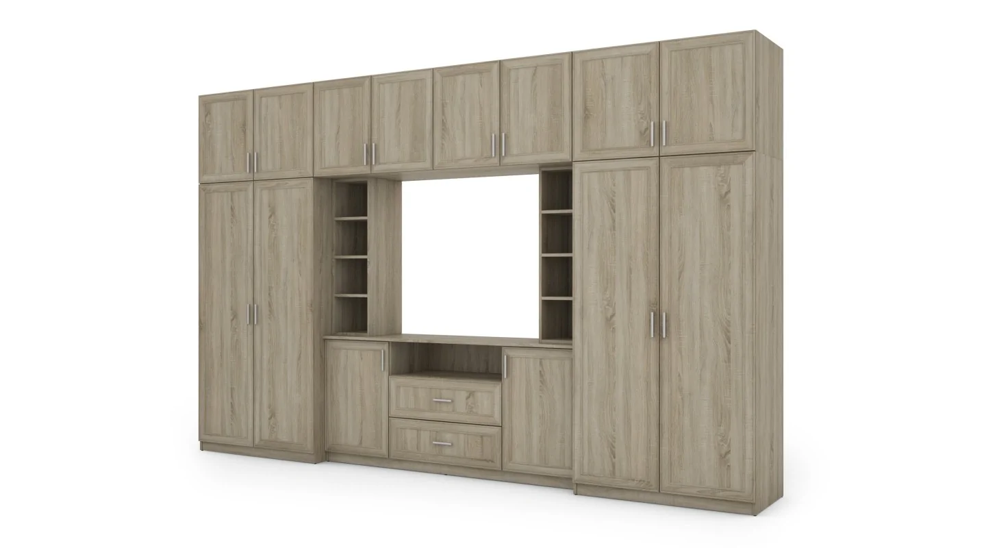 Elegancka meblościanka z szafami i półką RTV 380×240 cm Sonoma Jasna – DAKO