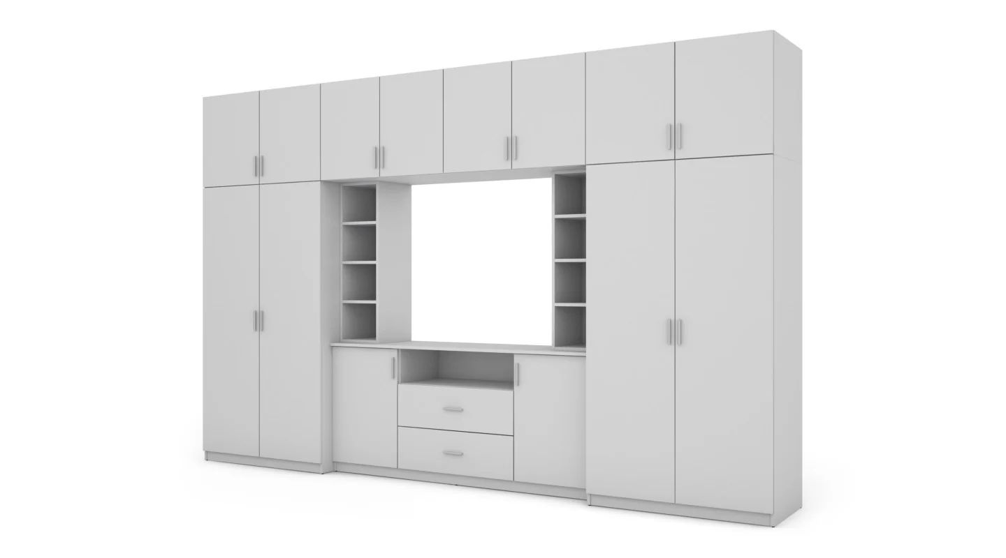 Elegancka meblościanka z szafami i wnęką RTV 380×240 cm Biel – DAKO