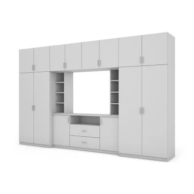 Elegancka meblościanka z szafami i wnęką RTV 380×240 cm Biel – DAKO