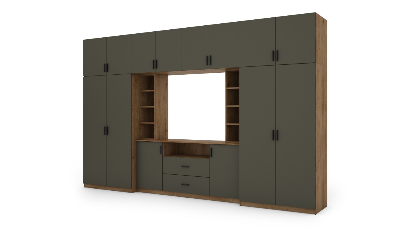 Elegancka meblościanka z szafami i półką RTV 380×240 cm Dąb Lefkas / Grafit – DAKO