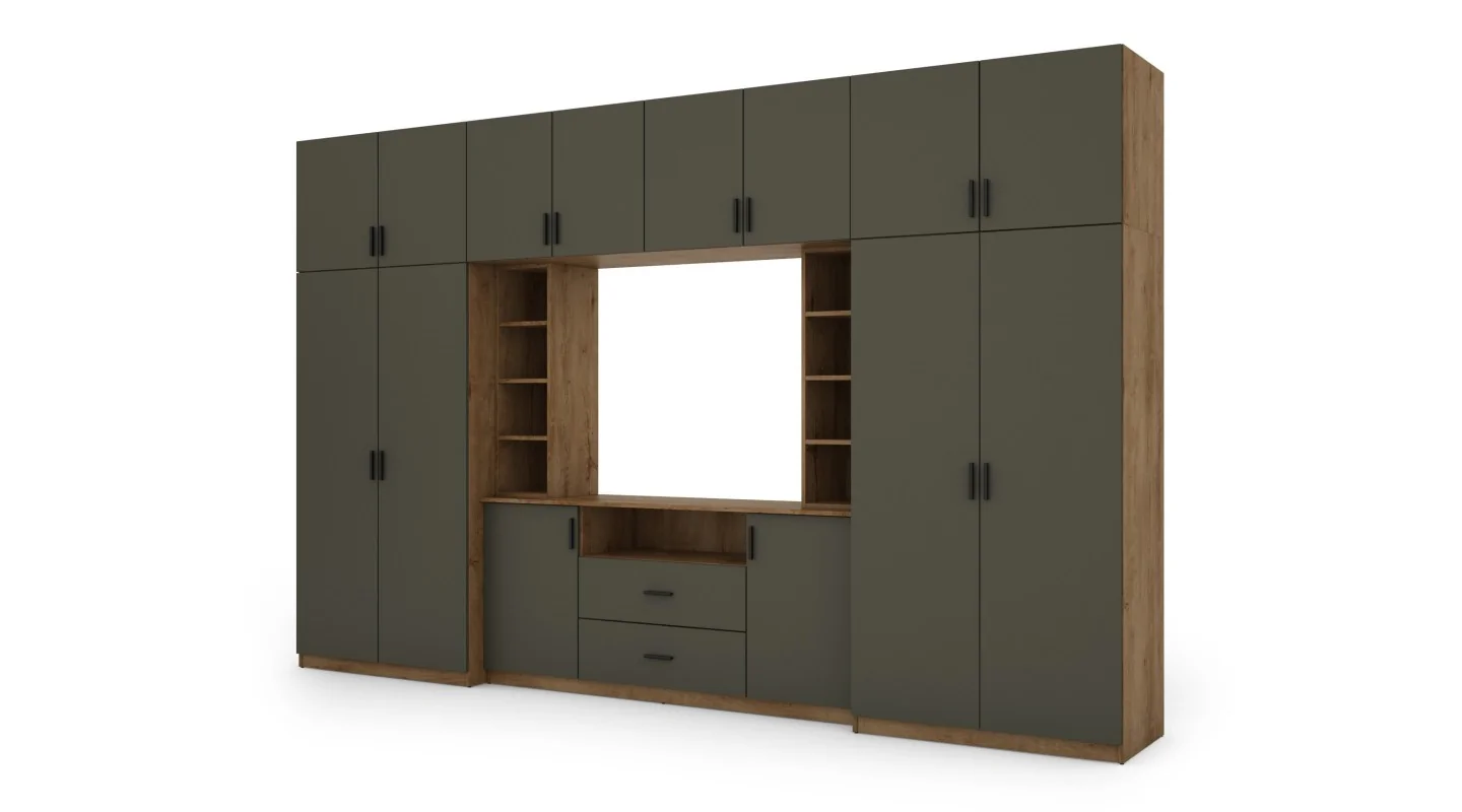 Elegancka meblościanka z szafami i półką RTV 380×240 cm Dąb Lefkas / Grafit – DAKO