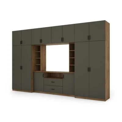 Elegancka meblościanka z szafami i półką RTV 380×240 cm Dąb Lefkas / Grafit – DAKO