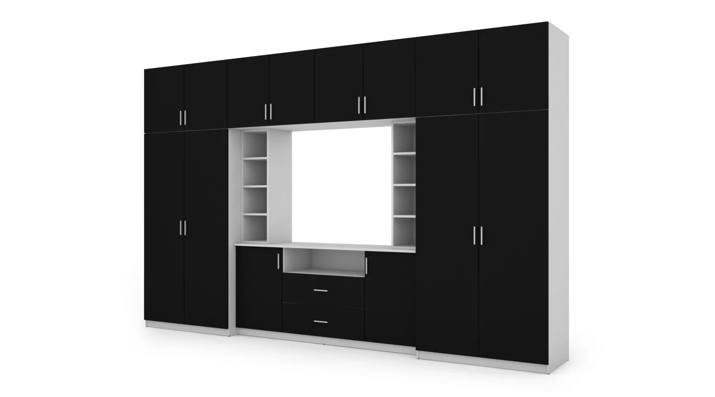 Elegancka meblościanka z szafami i półką RTV 380×240 cm Biel / Czarny – DAKO