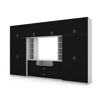 Elegancka meblościanka z szafami i półką RTV 380×240 cm Biel / Czarny – DAKO