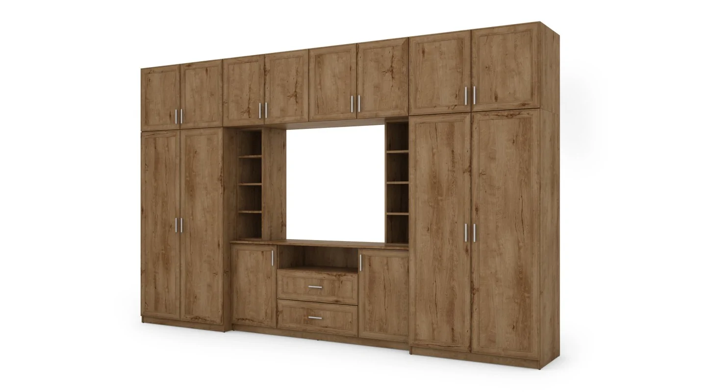 Elegancka meblościanka z szafami i półką RTV 380×240 cm Dąb Lefkas – DAKO Elegancka meblościanka z szafami i półką RTV 380×240 cm Dąb Lefkas – DAKO