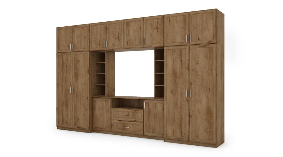 Elegancka meblościanka z szafami i półką RTV 380×240 cm Dąb Lefkas – DAKO Elegancka meblościanka z szafami i półką RTV 380×240 cm Dąb Lefkas – DAKO